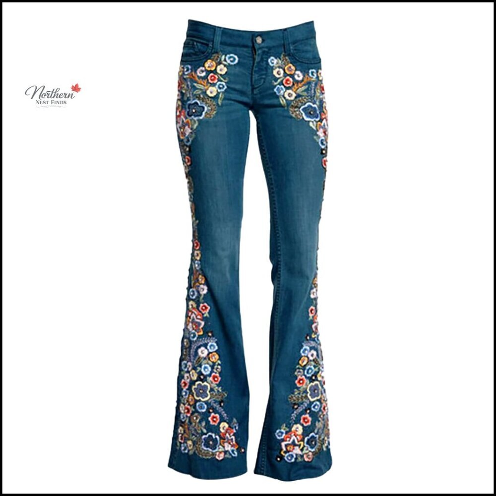 Mid Rise Flared Jeans with Floral Embroidery Stretchy Denim Bell Bottoms
